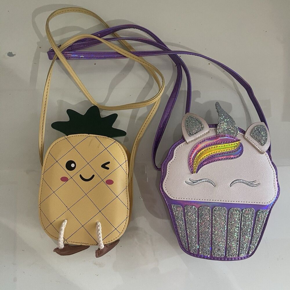 Girls Unicorn Cupcake Purse + Pineapple Handbag Cute Flat Mini Small Kids Purses